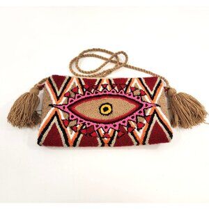 Wayuu Third Eye Clutch Bag Purse Tassels Deep Red Beige Handmade Colombia